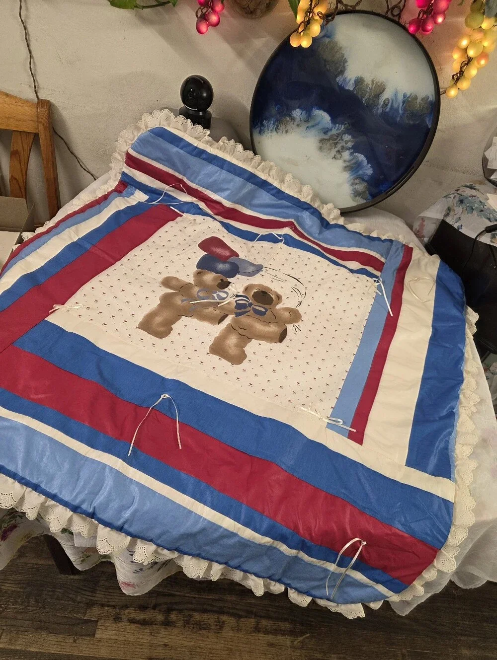 Hand Made Plush Bear Print Baby Blanket in Red, Blue & White